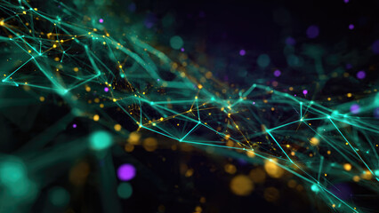 A vibrant abstract visualization of interconnected digital data points and network lines, glowing with teal, gold, and purple light against a dark background.