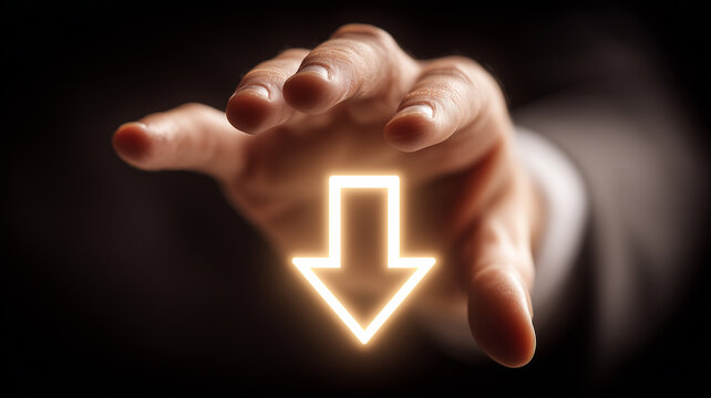 A hand reaching toward a glowing downward arrow symbolizes file download, data transfer and user interaction in digital environments.
- Powered by Adobe