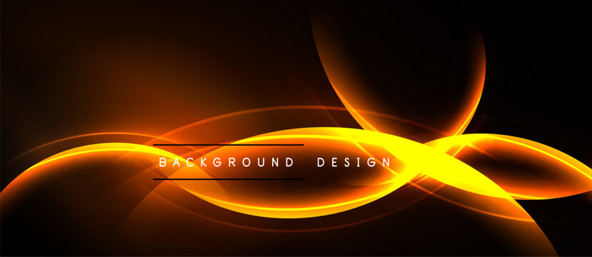 Abstract orange lines over black background. Dynamic curves create modern visual effect. Bright glow emphasizes design elements.