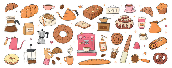 Bakery and coffee doodles collection with baked bread, croissants, donuts and coffee cups, beans, coffee makers and machines. EPS 10