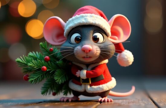 A cute mouse in a Santa suit carries a Christmas tree, Year of the Rat