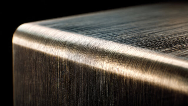Close-up of a brushed metal surface with a rounded edge, showcasing its textured finish and highlights under directional light.