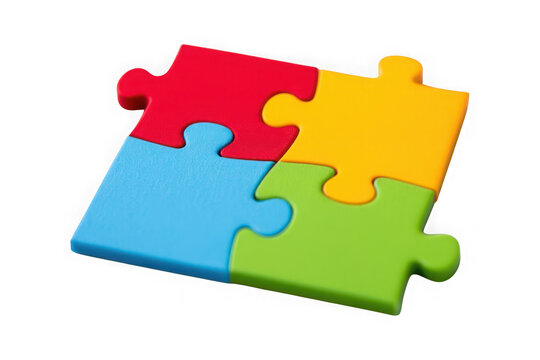 Puzzle four colorful pieces connected isolated on transparent background PNG