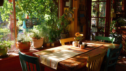 Sun-drenched dining room with a rustic table, lush indoor plants, and a vibrant garden view, creating a serene and natural ambiance.