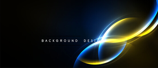 Abstract design features vibrant blue, yellow light streaks. Dark background emphasizes flowing lines, modern aesthetic. Simple text overlay present.