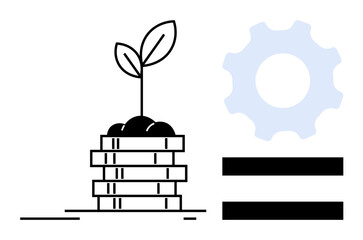 Plant sprouting from coins symbolizes growth and financial success. Gear indicates process, equal sign suggests balance. Ideal for business, startups, sustainability, finance, innovation, progress