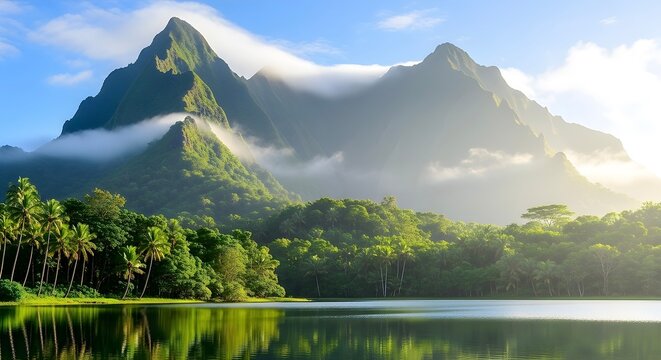 Serene tropical landscape featuring lush green mountains partially shrouded in mist and clouds, reflected in a tranquil lake with palm trees lining the shore.