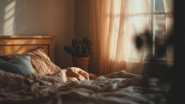 Sun-drenched bedroom with cozy, rumpled bedding, a wooden headboard, and a potted cactus, creating a warm, peaceful, and inviting atmosphere.