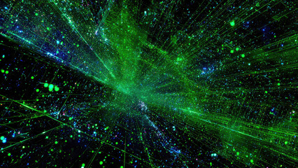 A vibrant digital network of glowing green and blue particles and lines against a dark background, representing data flow and connectivity.