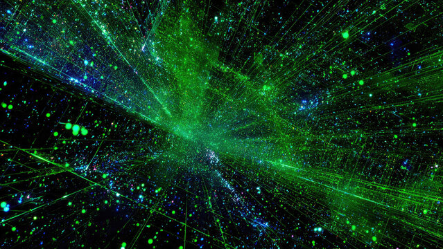 A vibrant digital network of glowing green and blue particles and lines against a dark background, representing data flow and connectivity.