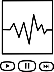 A minimalist line art illustration of an audio waveform displayed within a square frame, accompanied by playback control buttons (play, pause, next) below. 