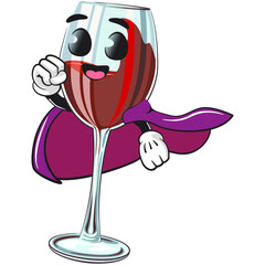 cute red wine glass mascot character as flying superhero wearing a robe, funny cartoon vector illustration, work of hand drawn