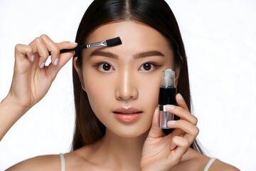 Eyebrow shaping tutorial asian woman using brush and brow gel product