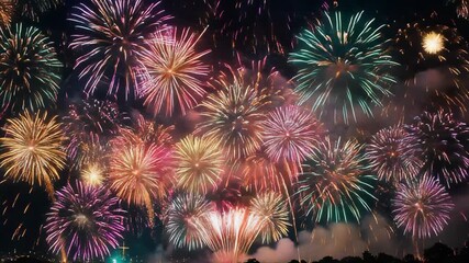 Brilliant multicolored fireworks explode in a night sky, creating dazzling bursts of gold, pink, red, and teal over a cityscape and trees below