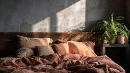 Cozy bedroom with earthy linen bedding, a rustic wooden headboard, and a lush fern, bathed in warm sunlight and striking shadows.