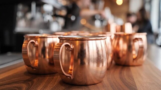 Copper mugs arranged on a wooden surface in a bustling café, with blurred patrons enjoying drinks in the background