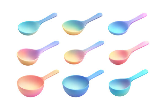 Collection of colorful measuring spoons arranged in a grid pattern.