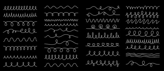 Seamless Lines Set, White Crayon Wavy Lines, Doodle Curly Pattern Brushes for Illustrator 