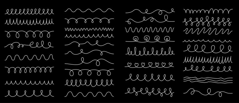 Seamless Lines Set, White Crayon Wavy Lines, Doodle Curly Pattern Brushes for Illustrator 