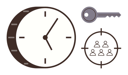 Clock symbolizes time, key represents secure access, and a target around team signifies goal alignment. Ideal for productivity, teamwork, strategy, success, time optimization, security simple flat