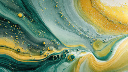 Dynamic abstract art: swirling teal, gold, and grey. Glittering speckles and bubbles create a luxurious, organic, flowing liquid texture.