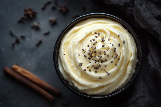 Vanilla sweet sauce in a bowl. Ice cream on black background with a cinnamon stick