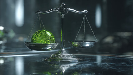 A scale of justice balances a glowing green circuit board sphere, representing technology's weight, impact, and ethical implications in the digital age.
