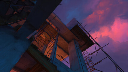 Dramatic low-angle view of a concrete building under construction, silhouetted against a breathtaking twilight sky with vibrant pink and purple clouds.