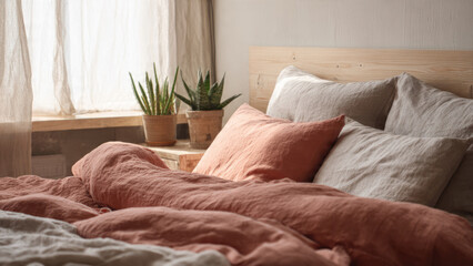 Cozy bedroom with natural linen bedding, terracotta duvet, light pillows, wooden headboard, and potted snake plants by a bright window.