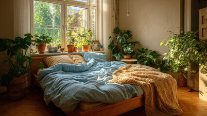 Sunlit bedroom retreat with a cozy bed, blue linens, and numerous vibrant houseplants, creating a natural and inviting atmosphere.