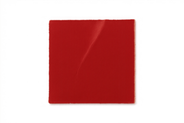 Red square adhesive label sticker with wrinkles and distressed details on a transparent background, blank space concept