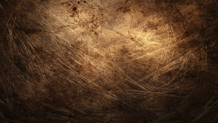 A dark, golden-brown metallic surface with numerous deep, intersecting scratches creating a rugged, industrial grunge texture and dramatic highlights.