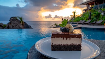 Indulgent Chocolate Layer Cake Slice Decorated with Fresh Bananas at a Luxury Tropical Resort