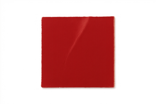 Red square adhesive label sticker with wrinkles and distressed details on a transparent background, blank space concept