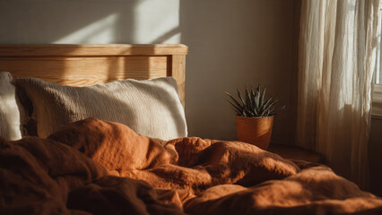 Sunlit bedroom with a cozy bed, terracotta linens, and a succulent plant, creating a peaceful, natural, and warm atmosphere.