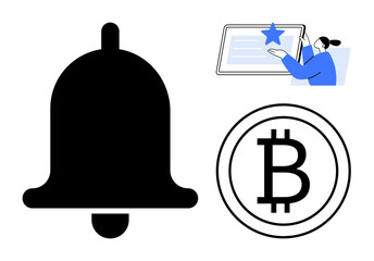 Notification bell for alerts, Bitcoin for cryptocurrency, and user interacting with tablet featuring a star. Ideal for finance, technology, apps, innovation, teamwork marketing education. Simple