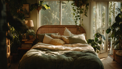 Cozy, sunlit bedroom featuring a rattan bed with linen bedding and abundant houseplants. Warm light creates a peaceful, natural retreat.