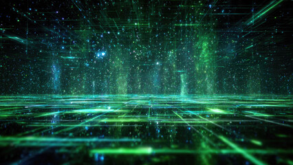 A vibrant digital landscape featuring glowing green and blue data lines forming a dynamic grid with sparkling particles, representing technology, AI, and the metaverse.
