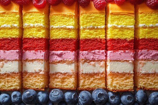 Piece of rainbow cake. Berry cake in cut. Creamy desserts with raspberries and blueberries - Powered by Adobe
