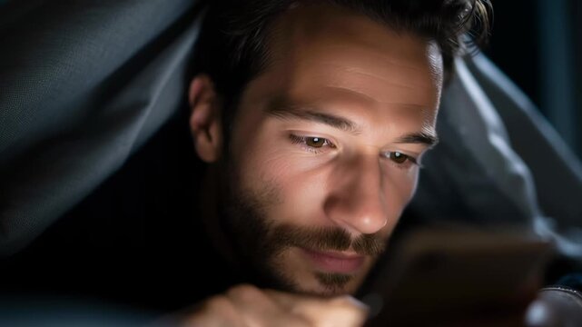 A man is looking at his phone in a dark room. He is focused on the screen and he is engaged in whatever he is doing on the phone