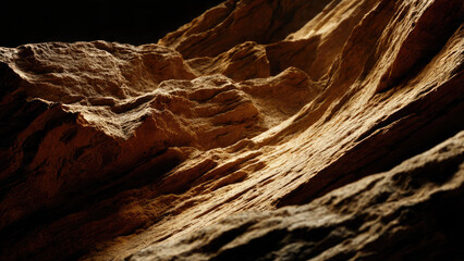 Rugged, layered rock formations display intricate textures and warm earthy tones. Dramatic lighting and deep shadows emphasize their natural geological beauty.