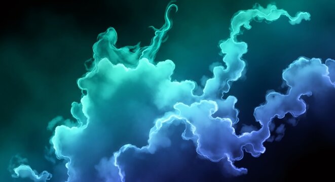 Abstract blue and green flowing smoke or cloud shapes. Dynamic fluid art texture background for modern design and digital concept.