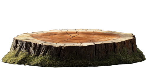 Tree stump with moss showing annual growth rings