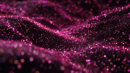 A mesmerizing abstract of shimmering magenta glitter forming dynamic waves against a dark background, creating a dazzling and festive display.