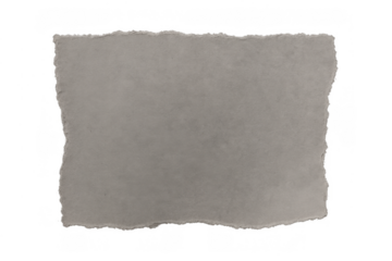 Torn paper piece with textured surface, ragged edges, grunge look, blank gray scrap element on transparent background