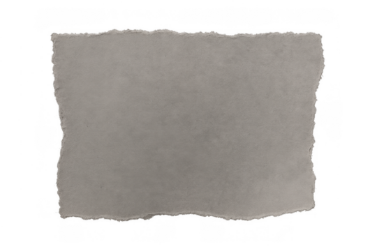 Torn paper piece with textured surface, ragged edges, grunge look, blank gray scrap element on transparent background