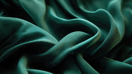 Close-up of elegantly draped teal fabric with soft folds and shadows, highlighting its luxurious texture and vibrant color.