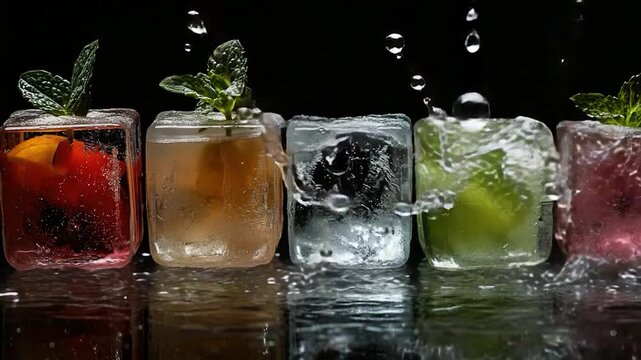 Video A row of four differently colored drinks on a table or counter