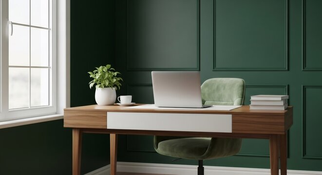 Modern home office workspace with laptop, plant, and books on a wooden desk. Trendy dark green wall paneling, aesthetic interior design for remote work.