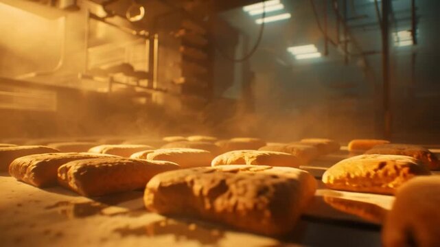 Freshly baked loaves of bread moving along a conveyor belt in a large, warm industrial bakery production line